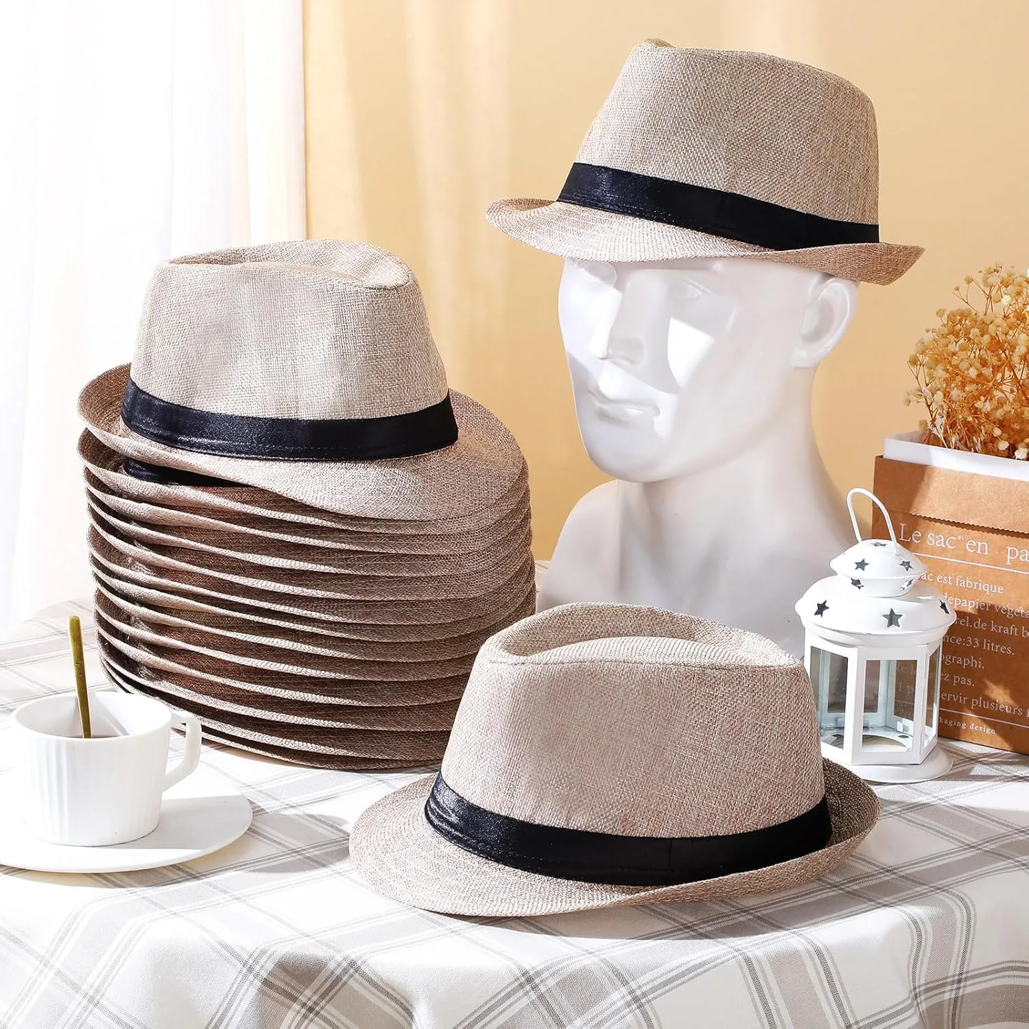 24 Pack 1920s Fedora Hats Bulk for Men Short Brim Sun Panama Hats for Women Party Costume, Circumference 60 cm