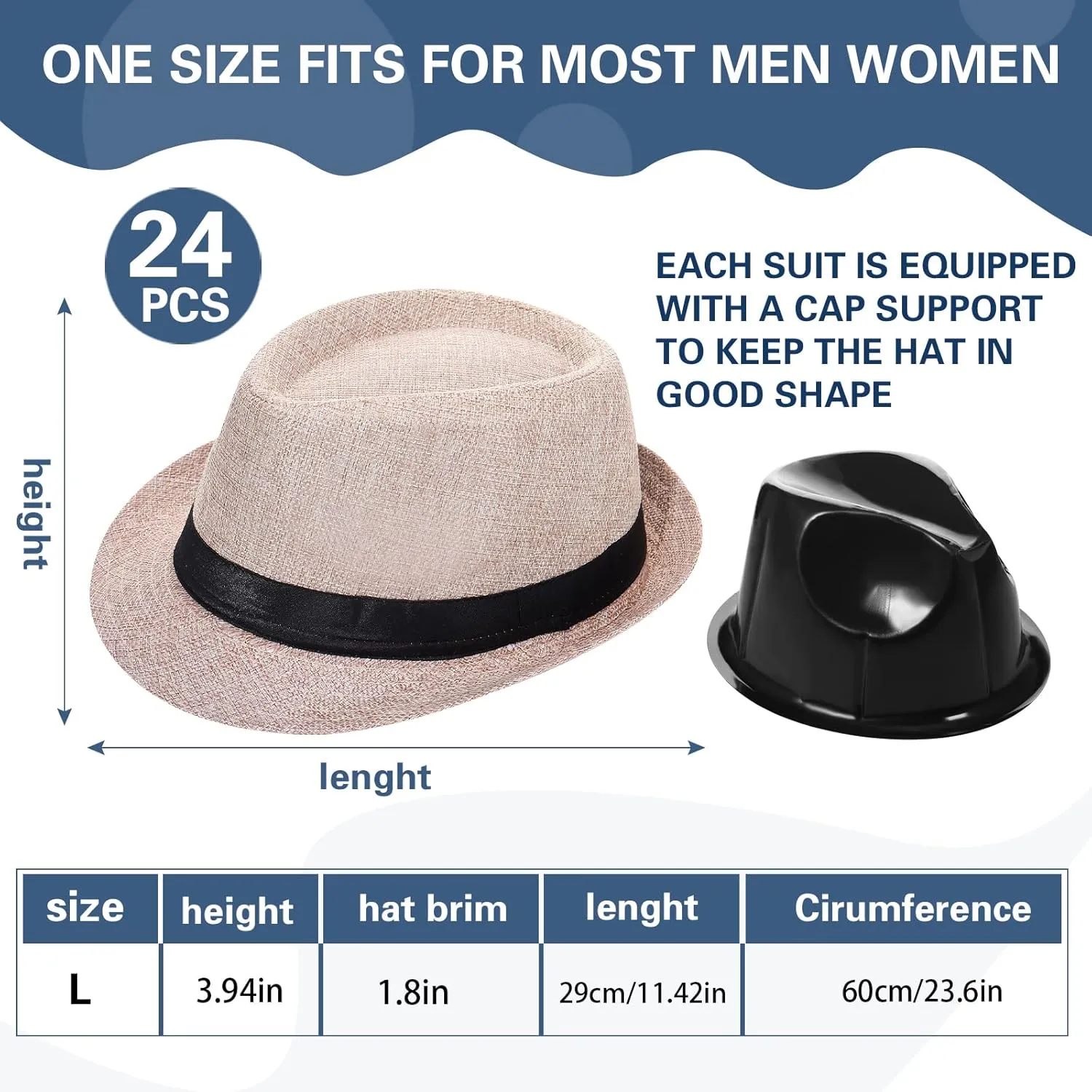 24 Pack 1920s Fedora Hats Bulk for Men Short Brim Sun Panama Hats for Women Party Costume, Circumference 60 cm