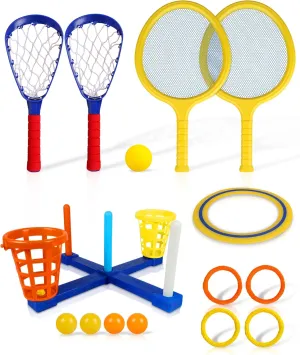 5-in-1 Outdoor Game Set  Ring Toss, Rackets, Scoop Ball, Flying Disc, and Basket Toss  Backyard and Party Sports Toy Kit for Active Group Play