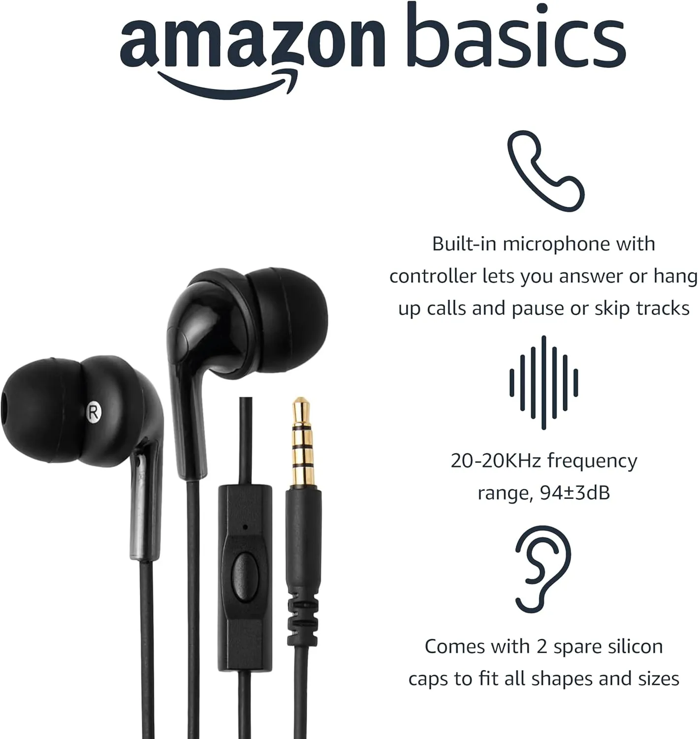 Amazon Basics 3.5mm Jack Wired Earbuds with Microphone, In Ear Headphones, 4.2 ft long cable, S/M/L Ear Tips, Black