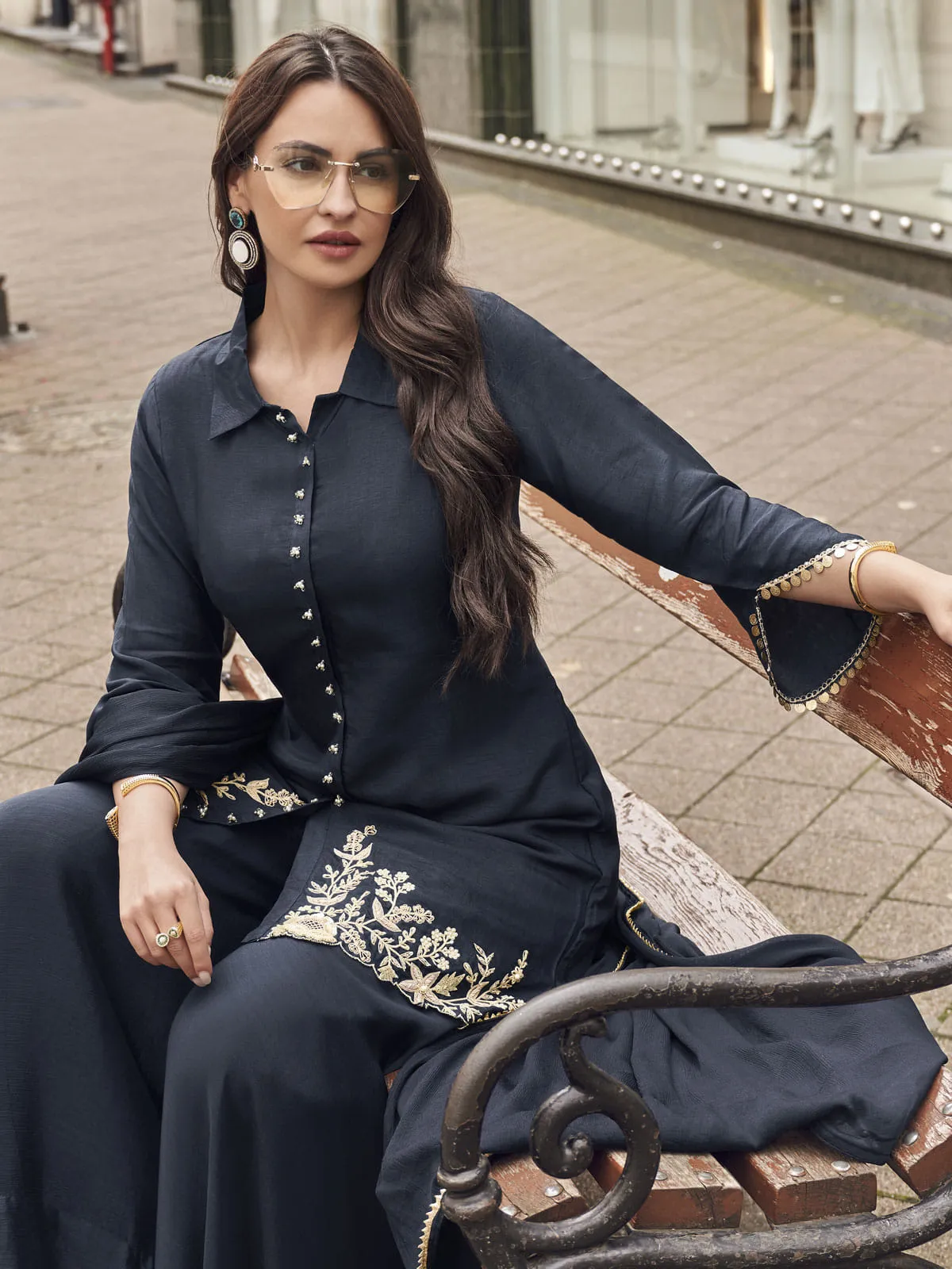 Black Viscose Jacquard Silk Festive Style Sharara Suit