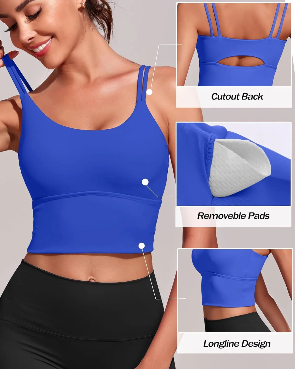 Everrysea Sports Bras for Women High Support Longline Workout Tank Tops Built in Bra Strappy Yoga Padded Crop Top
