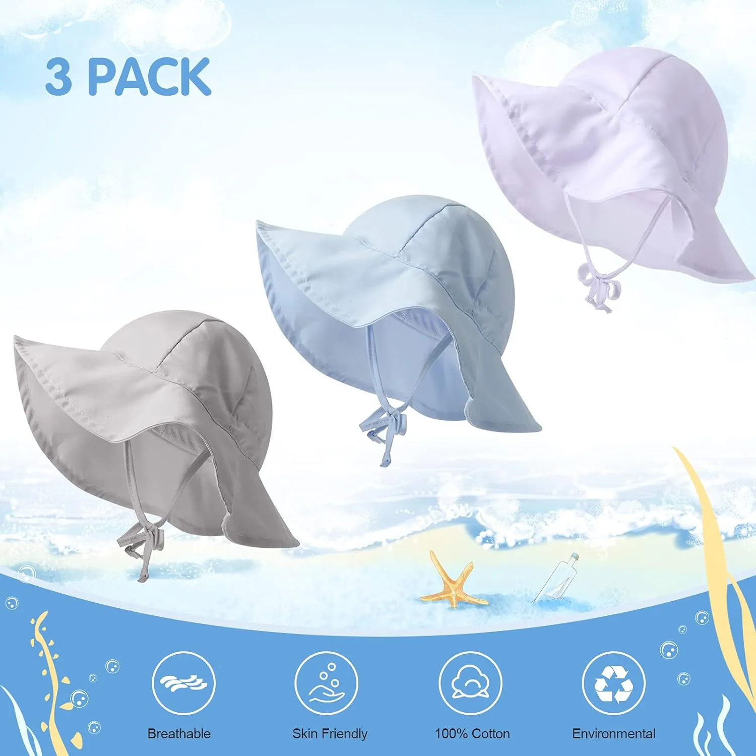 Geyoga 3 Pcs Baby Sun Hat Summer Beach Hat Outdoor Adjustable Floppy Cap with Protection Wide Brim for Boy and Girl