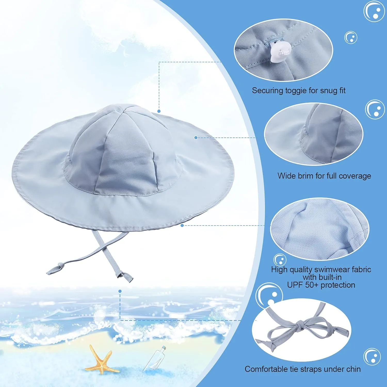 Geyoga 3 Pcs Baby Sun Hat Summer Beach Hat Outdoor Adjustable Floppy Cap with Protection Wide Brim for Boy and Girl