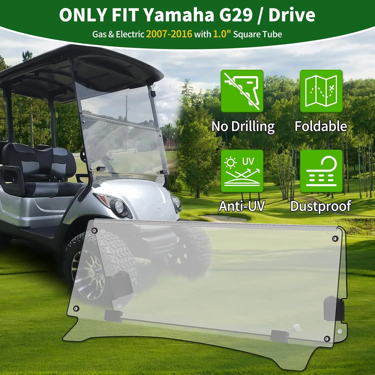 Golf Cart Foldable Windshield 3/16" (5MM) Thicken Only Fits 2007-2016 Yamaha G29/Drive, Fits 1"1" Struts Rail Front Folding Acrylic Windshield Replacement, Included Mounting Hardware