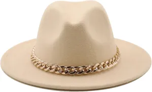 Men's Vintage Wide Brim Fedora Hat for Men Women Gold Chain Band Felted Hats Panama Jazz Cap