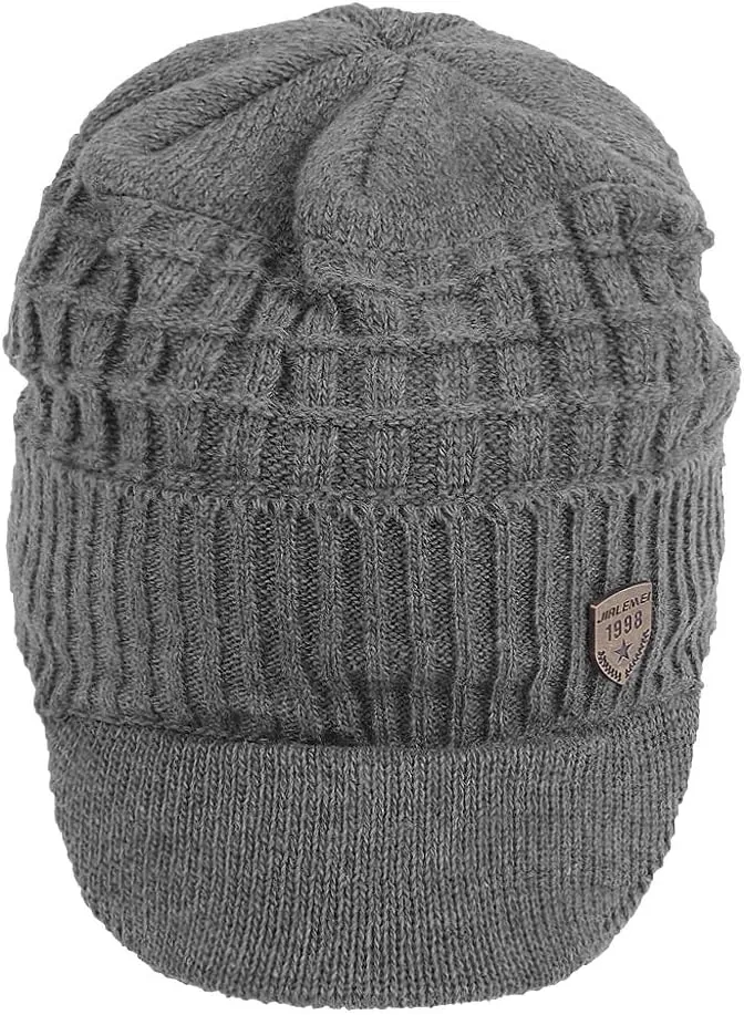 Original One Winter Wool Knitted Chunky Visor Beanie Hat with Brim Fur Lined Peaked Ski Cap