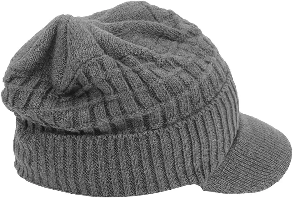 Original One Winter Wool Knitted Chunky Visor Beanie Hat with Brim Fur Lined Peaked Ski Cap