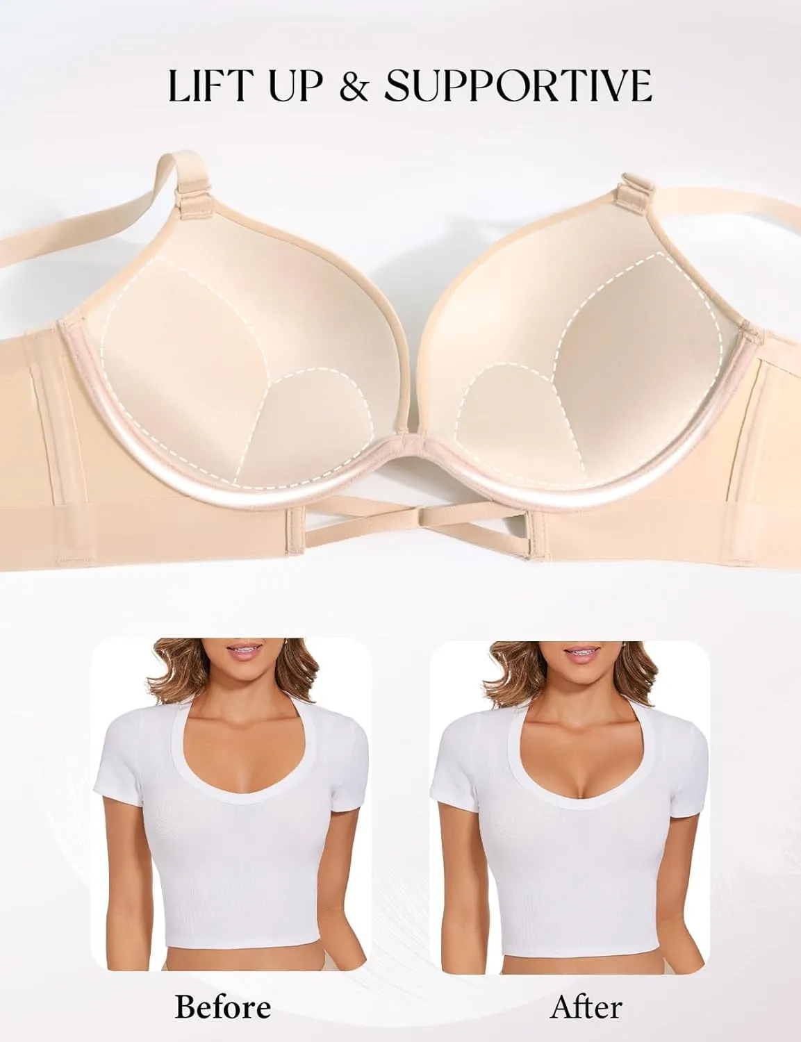 Push Up Padded Bras for Women Add 2 Cups Plunge T Shirt Everyday Bra Seamless Underwire Support
