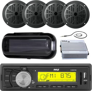 Pyle Single DIN Marine Bluetooth USB/AM/FM Stereo Receiver w/Remote Control, 4X 5.25'' 100 Watt Peak Power 2-Way Full Range Black Speakers, 4-Channel Waterproof Amplifier, Stereo Cover, Radio Antenna