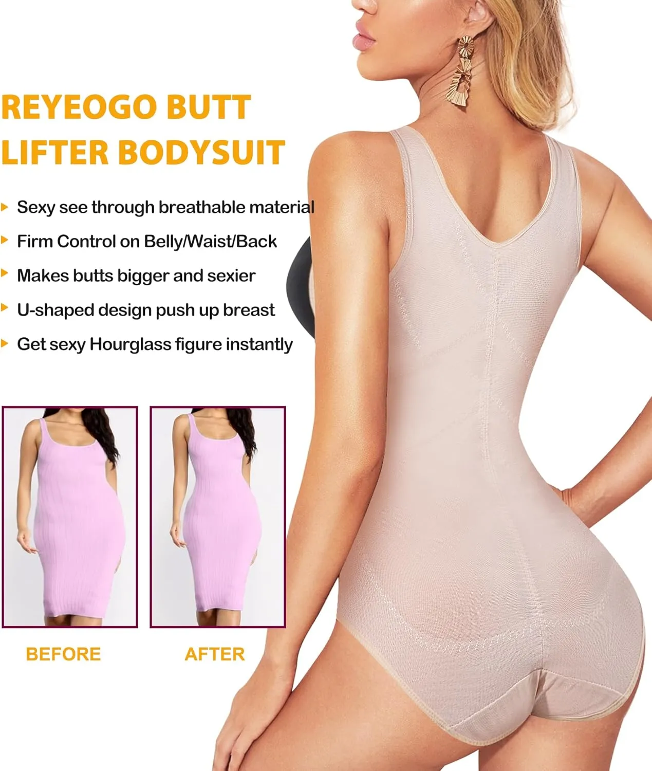 REYEOGO Shapewear Bodysuit for Women Tummy Control Butt Lifter Panty Hi-Waist Trainer Stomach Body Shaper Slimming Girdles