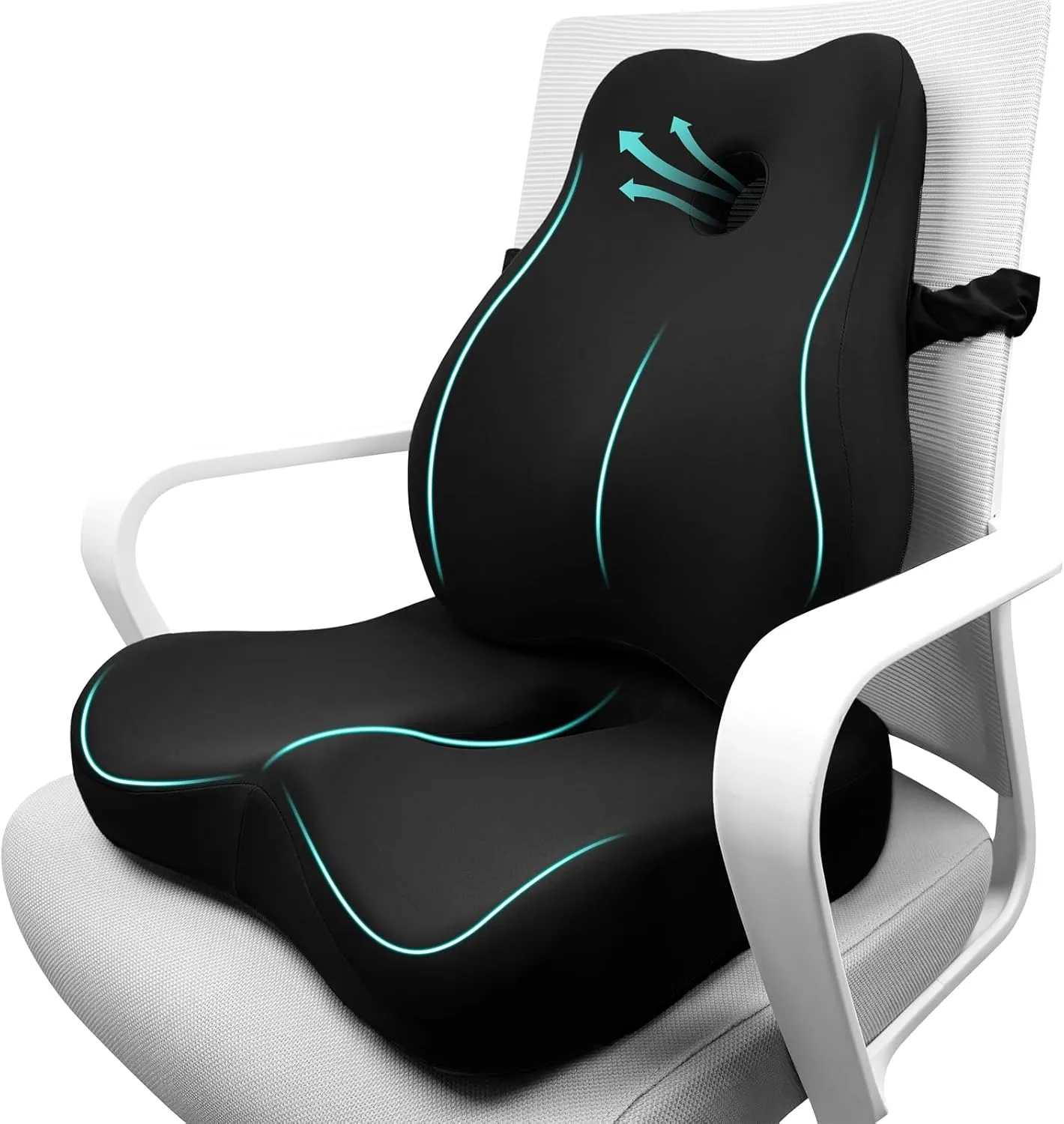 Seat Cushion & Lumbar Support Pillow Set for Office Chair, Ergonomic Pillow for Sciatica Pain Relief, Memory Foam Back Support Pillow & Chair Cushion for Gaming Chair and Travel (Black)