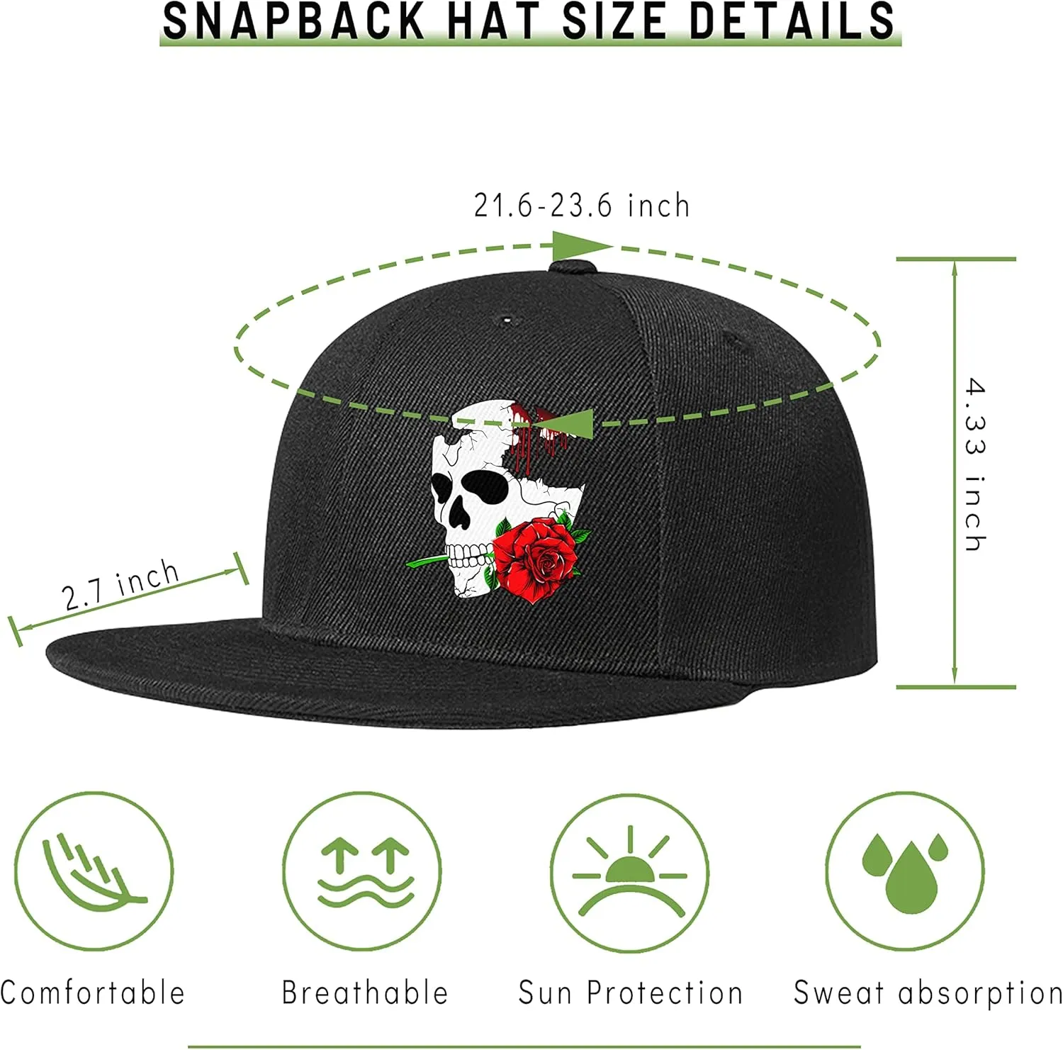 Skull Hats Rose Hat Snapback Hat for Men Skeleton Flower Mens Horror Baseball Cap Flat Bill Brim Snap Backpack Hat Boy