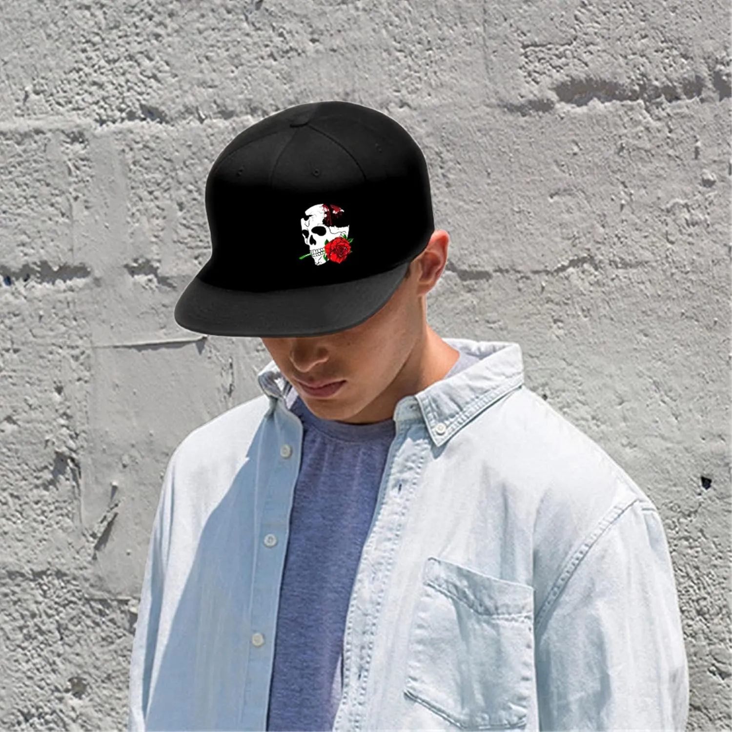 Skull Hats Rose Hat Snapback Hat for Men Skeleton Flower Mens Horror Baseball Cap Flat Bill Brim Snap Backpack Hat Boy