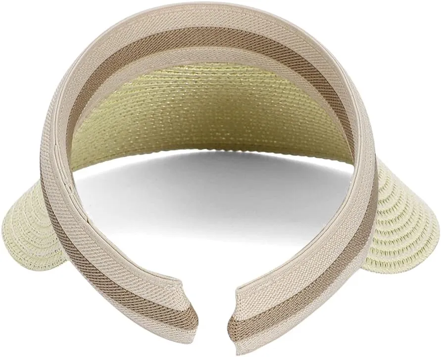 Straw Sun Visors Hats for Kids Embroidered Boys and Girls Wide Brim Roll Up Ponytail Open Top Cap