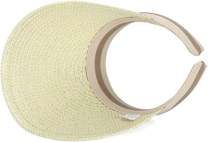 Straw Sun Visors Hats for Kids Embroidered Boys and Girls Wide Brim Roll Up Ponytail Open Top Cap