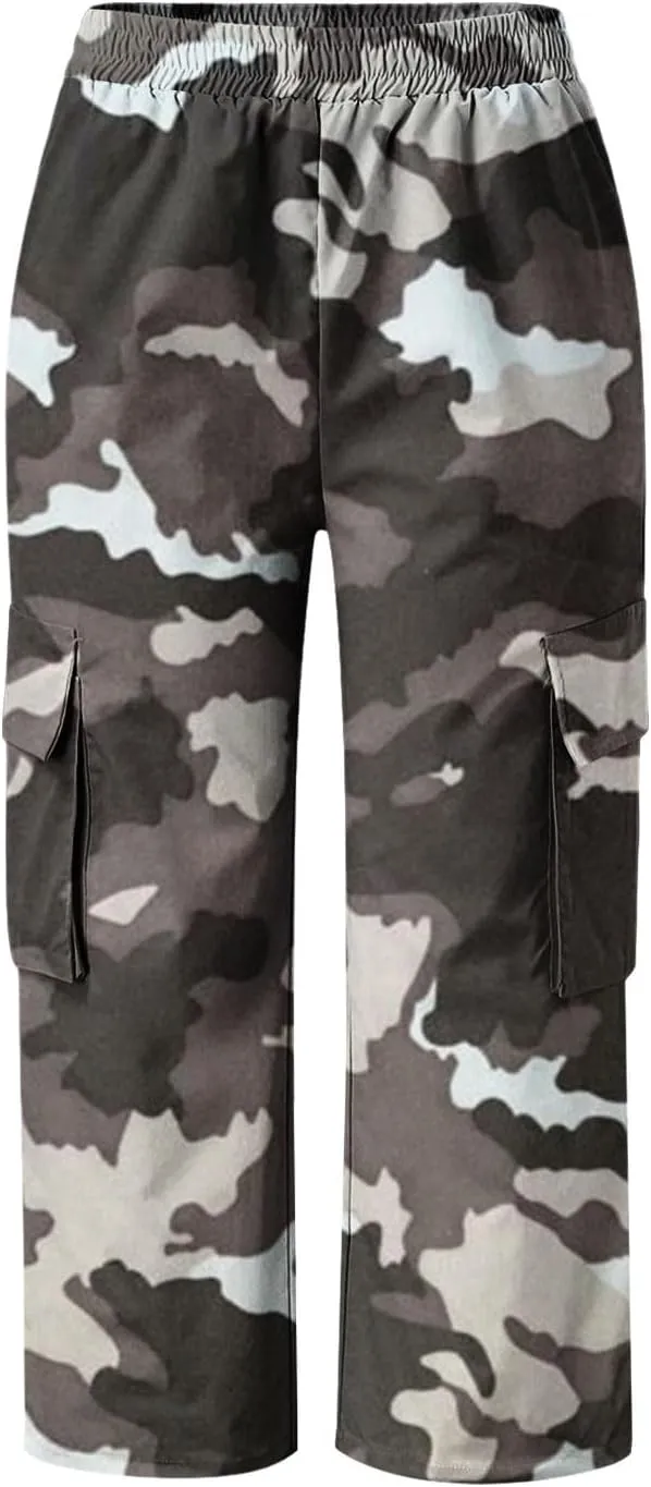 Womens Plus Size Cargo Capris Fashion Camouflage Elastic Waist Straight Leg Loose Sporting Capri Pants with Pockets