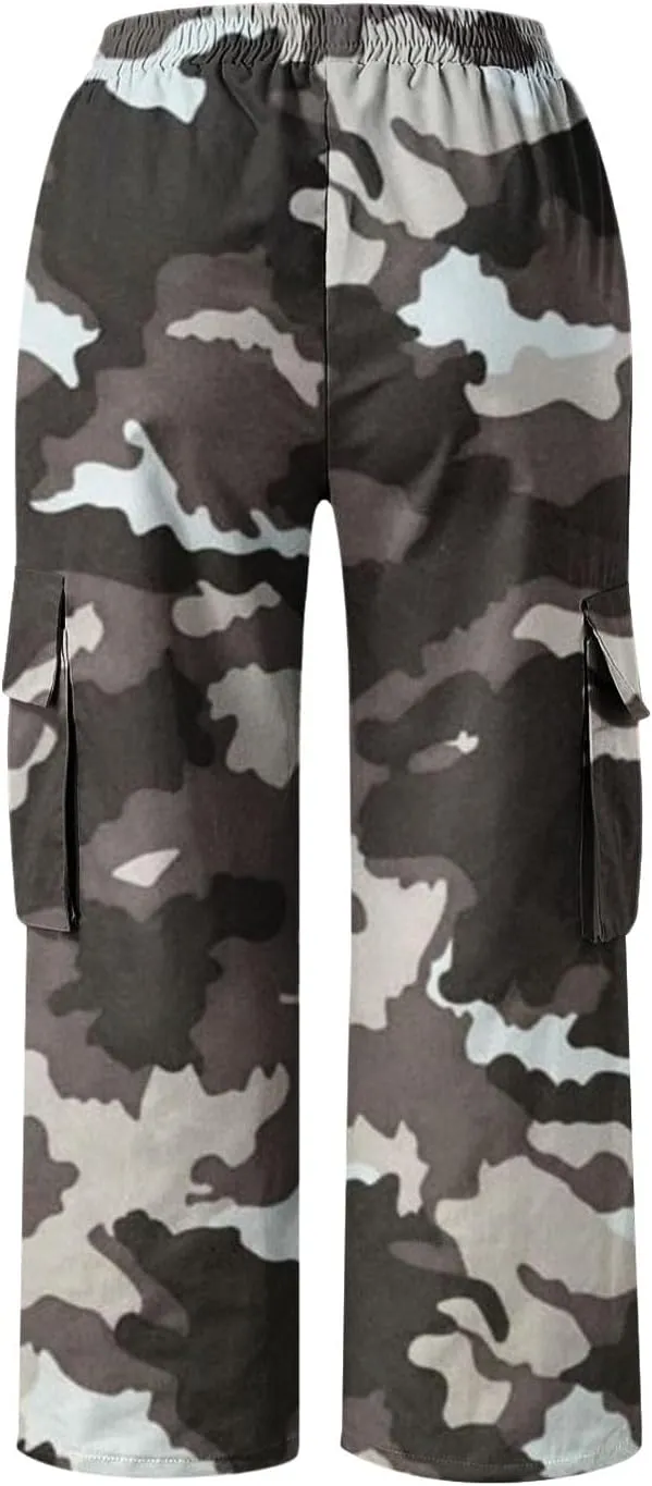 Womens Plus Size Cargo Capris Fashion Camouflage Elastic Waist Straight Leg Loose Sporting Capri Pants with Pockets